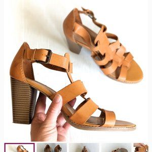 LANE BRYANT strappy caged heeled sandals cognac brown leather